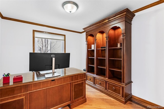 home office featuring crown molding and light wood-type flooring