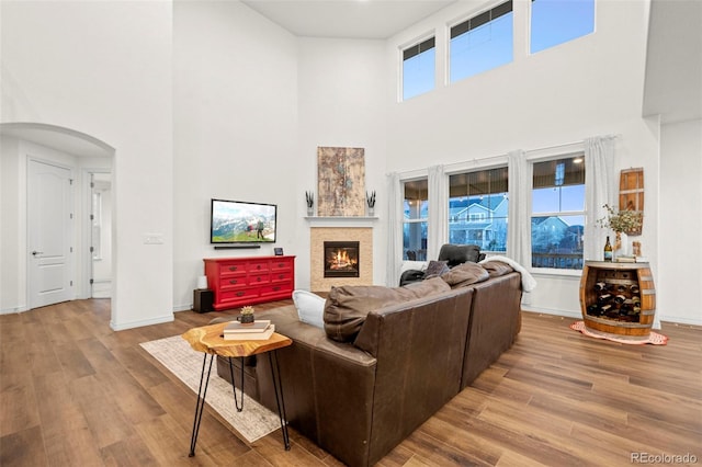 living area with arched walkways, wood finished floors, a towering ceiling, and baseboards