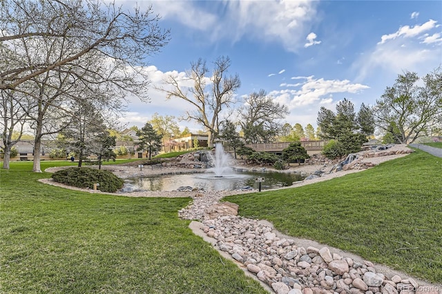 view of community featuring a yard and a water view