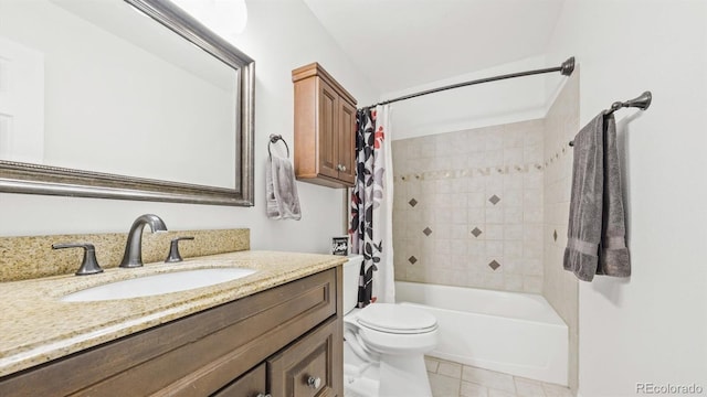 bathroom featuring toilet, tile patterned flooring, vanity, and shower / bathtub combination with curtain