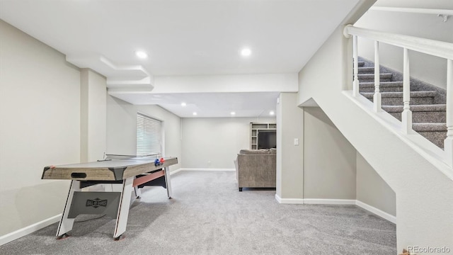 carpeted office featuring baseboards and recessed lighting