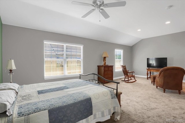 bedroom with recessed lighting, carpet flooring, a ceiling fan, baseboards, and vaulted ceiling