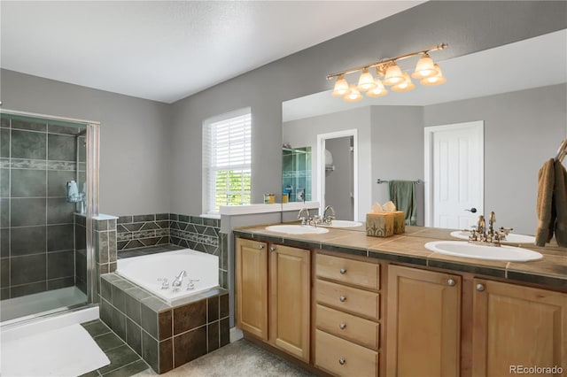 full bath featuring double vanity, a sink, a shower stall, and a bath