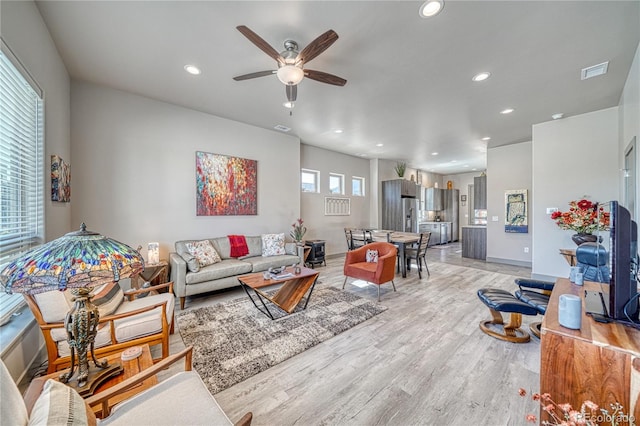 1139 Agate Ln, Poncha Springs, CO 81242 - living area with light wood-style floors, a ceiling fan, recessed lighting, and baseboards