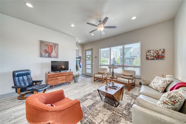 1139 Agate Ln, Poncha Springs, CO 81242 - living area with light wood finished floors, a ceiling fan, recessed lighting, and baseboards