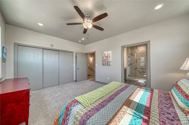 1139 Agate Ln, Poncha Springs, CO 81242 - carpeted bedroom featuring a closet, recessed lighting, ensuite bathroom, and a ceiling fan
