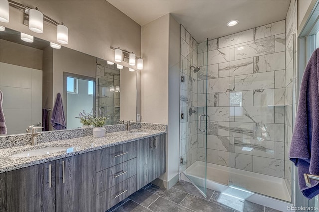 1139 Agate Ln, Poncha Springs, CO 81242 - bathroom with a stall shower, double vanity, and recessed lighting