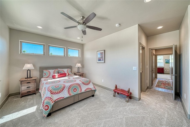 1139 Agate Ln, Poncha Springs, CO 81242 - carpeted bedroom featuring baseboards, multiple windows, recessed lighting, and ceiling fan