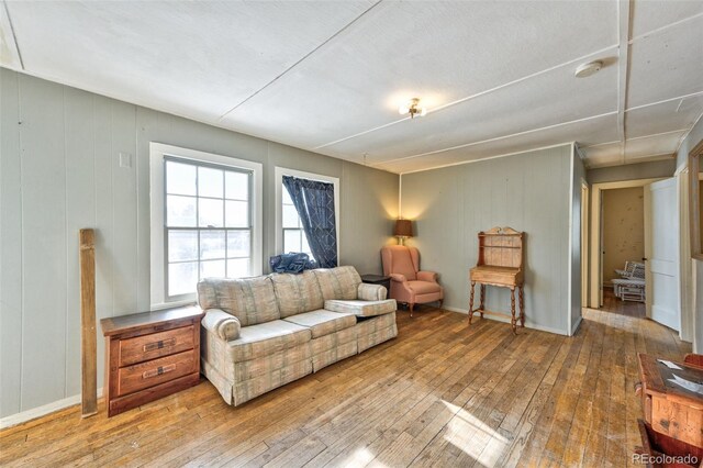 living room with light wood-type flooring and wooden walls