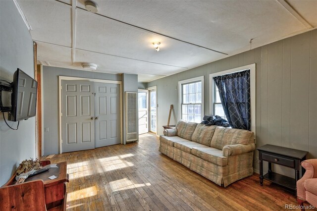 living room with wood walls and wood-type flooring