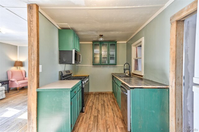 kitchen featuring appliances with stainless steel finishes, light hardwood / wood-style flooring, green cabinetry, and sink