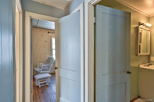 bathroom featuring wood-type flooring, vanity, and crown molding