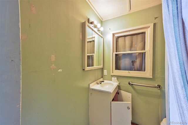 bathroom with vanity and crown molding