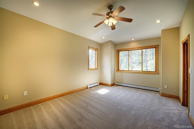 2191 Baldy Ln, Evergreen, CO 80439 - unfurnished bedroom featuring a baseboard heating unit, carpet floors, recessed lighting, and a ceiling fan