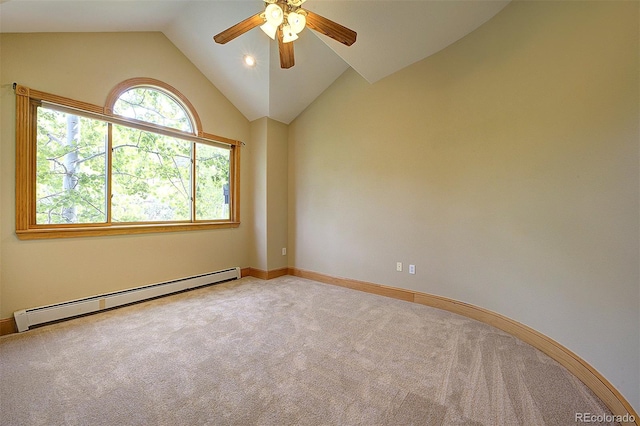 2191 Baldy Ln, Evergreen, CO 80439 - spare room with a baseboard heating unit, a ceiling fan, vaulted ceiling, carpet flooring, and recessed lighting