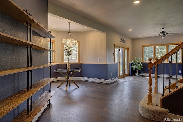 2191 Baldy Ln, Evergreen, CO 80439 - foyer entrance with a baseboard radiator, recessed lighting, stairs, dark wood finished floors, and a ceiling fan