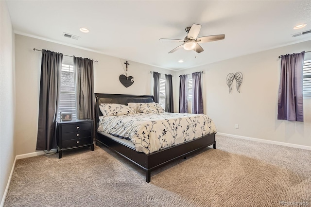 bedroom featuring recessed lighting, carpet flooring, visible vents, and baseboards