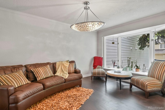 living room featuring dark hardwood / wood-style flooring, ornamental molding, and a textured ceiling