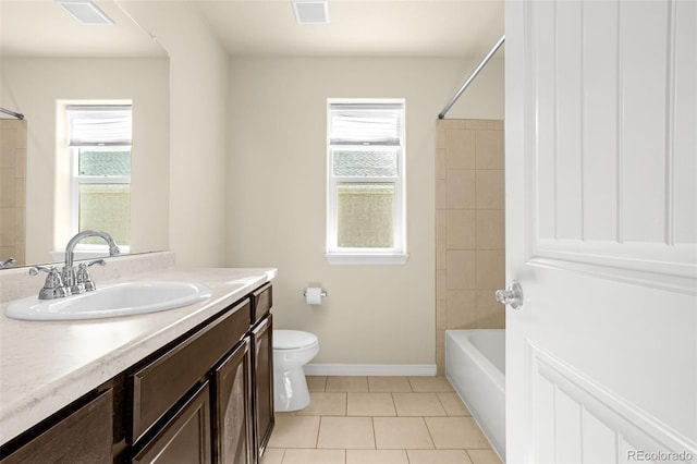 full bathroom with vanity, toilet, visible vents, and tile patterned flooring