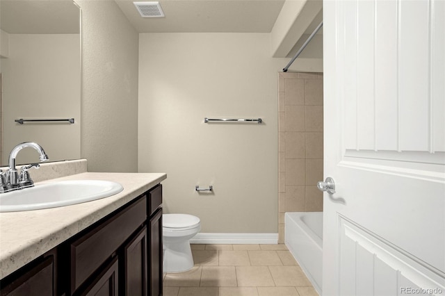 full bath with visible vents, toilet, tile patterned flooring, baseboards, and vanity