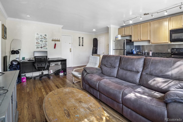 1450 Albion St Unit 206, Denver, CO 80220 - living area featuring crown molding, dark wood-style floors, and an office area
