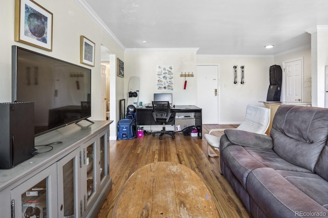 1450 Albion St Unit 206, Denver, CO 80220 - living area with an office area, crown molding, wood finished floors, and recessed lighting