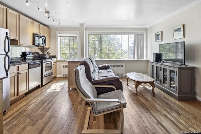 1450 Albion St Unit 206, Denver, CO 80220 - living room with crown molding, radiator heating unit, wood finished floors, and rail lighting