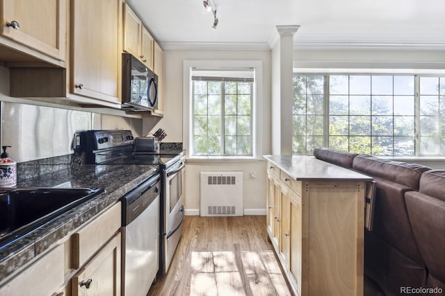 1450 Albion St Unit 206, Denver, CO 80220 - kitchen featuring radiator, stainless steel appliances, light wood-style flooring, light brown cabinetry, and ornamental molding