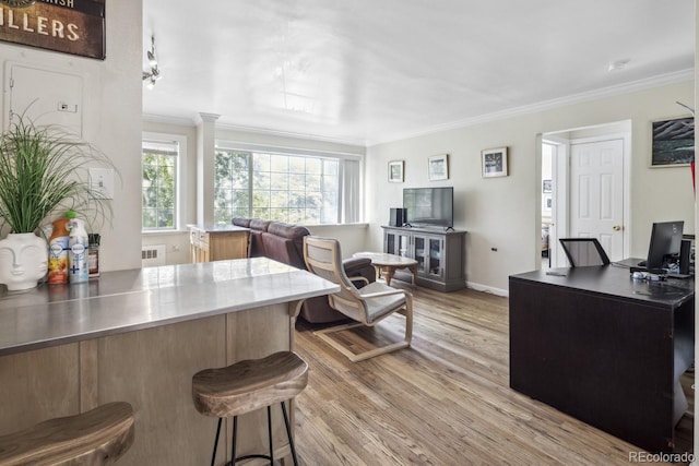 1450 Albion St Unit 206, Denver, CO 80220 - kitchen with light wood-style floors, crown molding, stainless steel countertops, a breakfast bar area, and radiator heating unit
