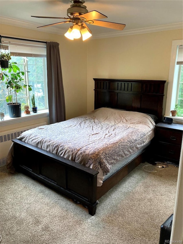 1450 Albion St Unit 206, Denver, CO 80220 - bedroom featuring crown molding, carpet flooring, radiator heating unit, and ceiling fan