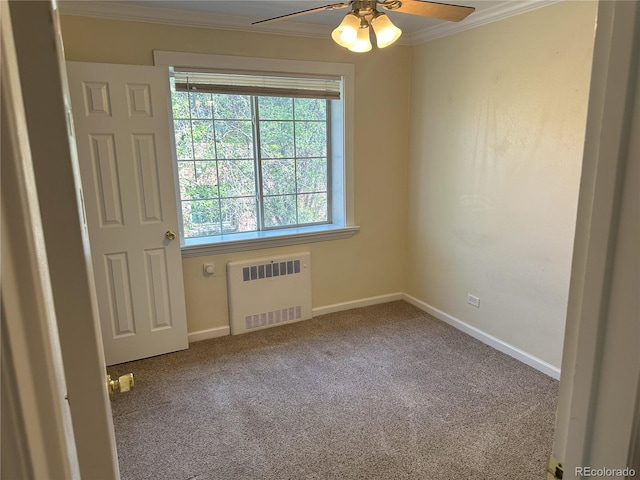 1450 Albion St Unit 206, Denver, CO 80220 - carpeted spare room with radiator heating unit, ornamental molding, and a ceiling fan