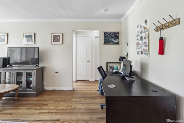 1450 Albion St Unit 206, Denver, CO 80220 - office area featuring crown molding, wood finished floors, and arched walkways