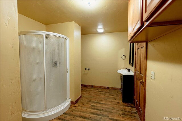 bathroom featuring vanity, wood-type flooring, and an enclosed shower