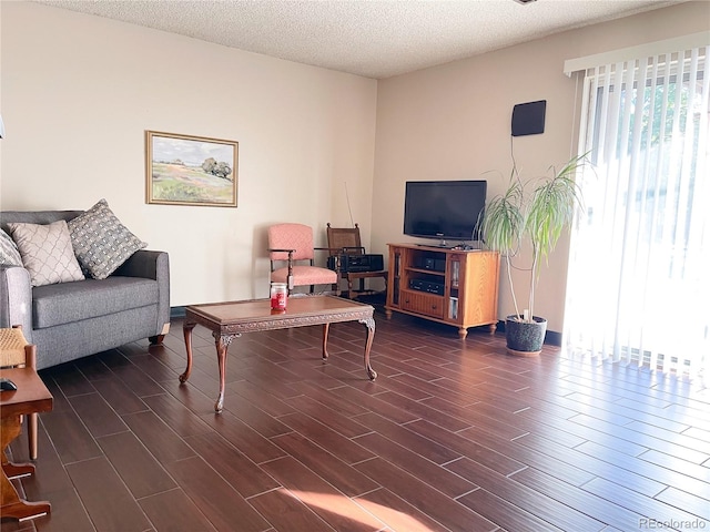 living room with dark hardwood / wood-style floors and a textured ceiling