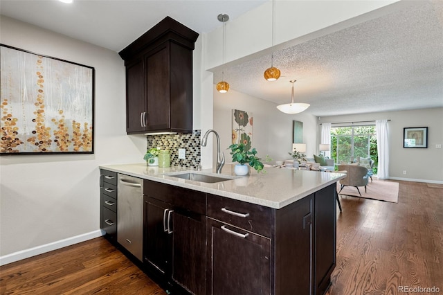 4452 W Pondview Dr, Littleton, CO 80123 - kitchen featuring open floor plan, dishwasher, dark wood-style floors, and dark brown cabinetry