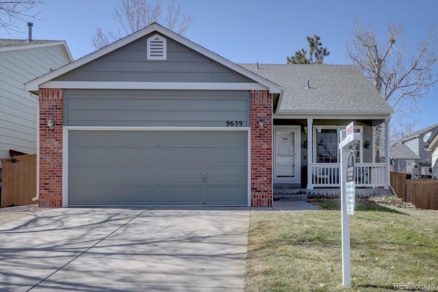 ranch-style house featuring brick siding, an attached garage, a porch, roof with shingles, and driveway