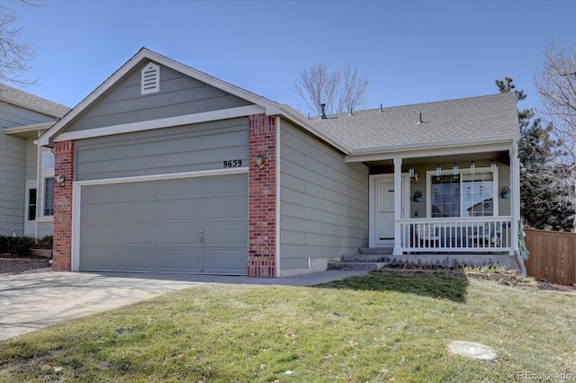 single story home with brick siding, covered porch, concrete driveway, and an attached garage