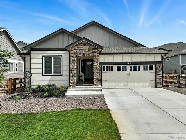 view of front of property with board and batten siding, stone siding, an attached garage, roof with shingles, and driveway