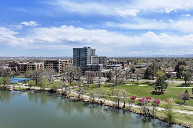 aerial view featuring a water view