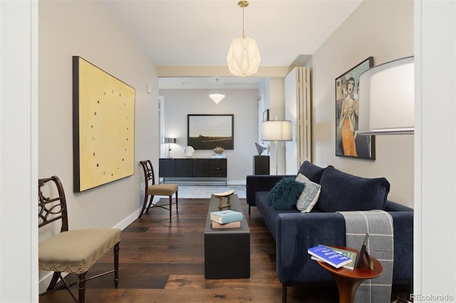 living room with dark hardwood / wood-style flooring