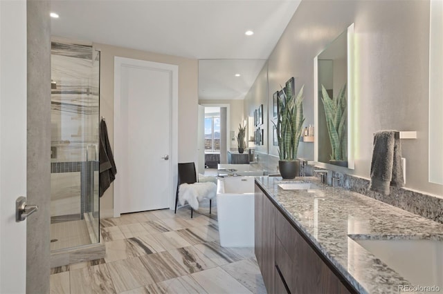 bathroom with shower with separate bathtub, vanity, and lofted ceiling