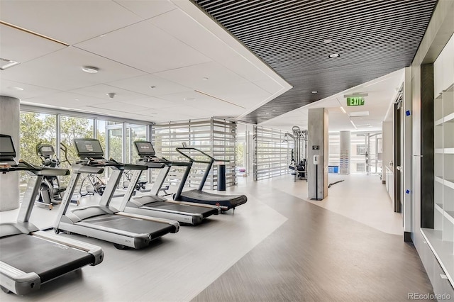 exercise room featuring floor to ceiling windows