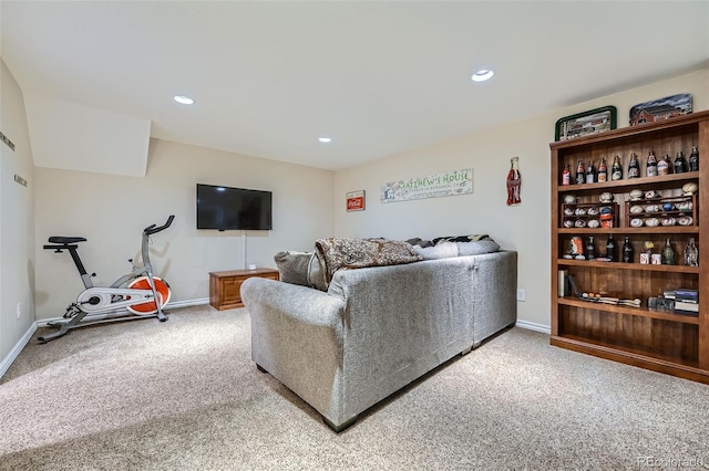 living area featuring carpet flooring, recessed lighting, and baseboards