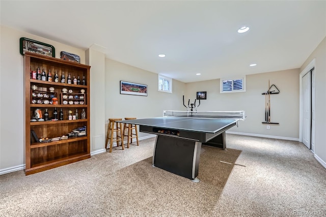 game room with recessed lighting, baseboards, and carpet