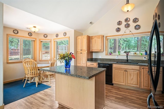 21 Crystal Rock Rd, Bailey, CO 80421 - kitchen featuring black appliances, light brown cabinetry, light wood-style floors, a kitchen island, and high vaulted ceiling
