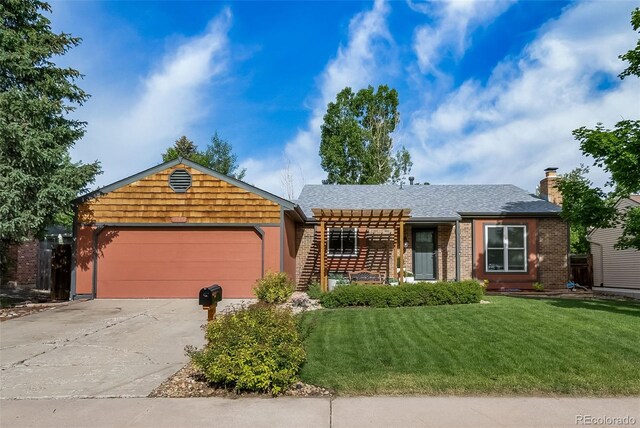 17372 E Prentice Cir, Centennial, CO 80015 - single story home with a garage, a front lawn, driveway, a pergola, and brick siding