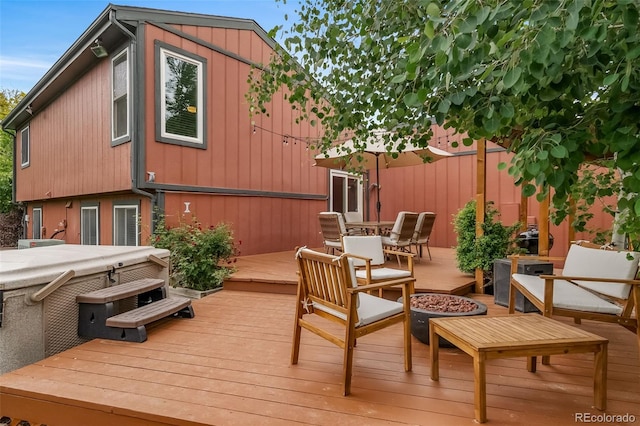 17372 E Prentice Cir, Centennial, CO 80015 - wooden deck with an outdoor living space, a hot tub, and outdoor dining space