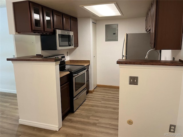 8555 Fairmount Dr Unit A108, Denver, CO 80247 - kitchen featuring stainless steel appliances, electric panel, baseboards, dark brown cabinetry, and light wood-style floors