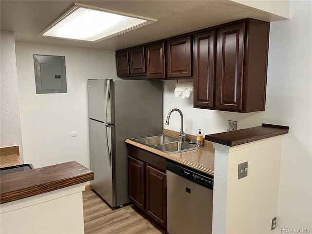 8555 Fairmount Dr Unit A108, Denver, CO 80247 - kitchen featuring stainless steel appliances, a sink, electric panel, light wood finished floors, and dark brown cabinets