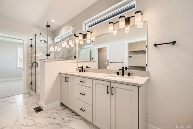 bathroom featuring plenty of natural light, a shower with shower door, and vanity